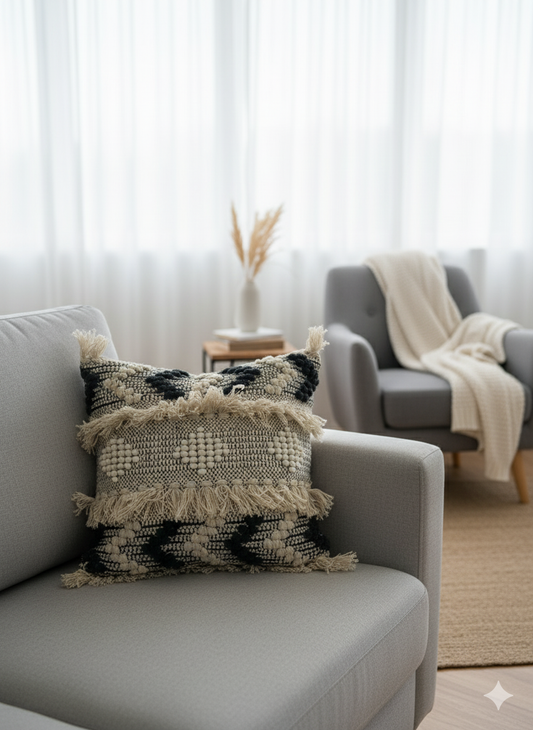 Black Frilled Boho Cushion Cover