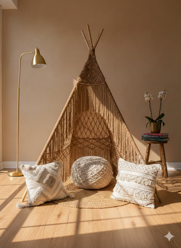 The Cozy Haven: Complete 6-Foot Beige Macrame Teepee Set