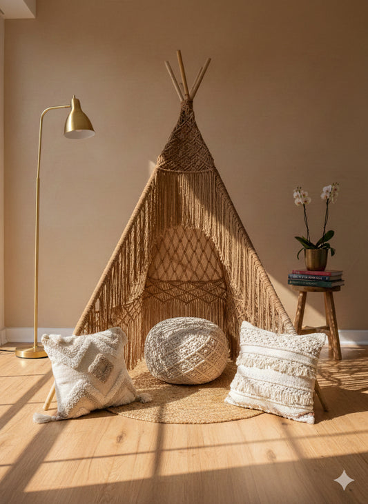 The Cozy Haven: Complete 6-Foot Beige Macrame Teepee Set