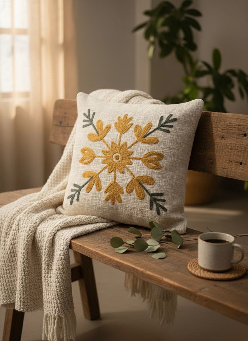16×16 Mustard Floral Embroidered Cushion Cover