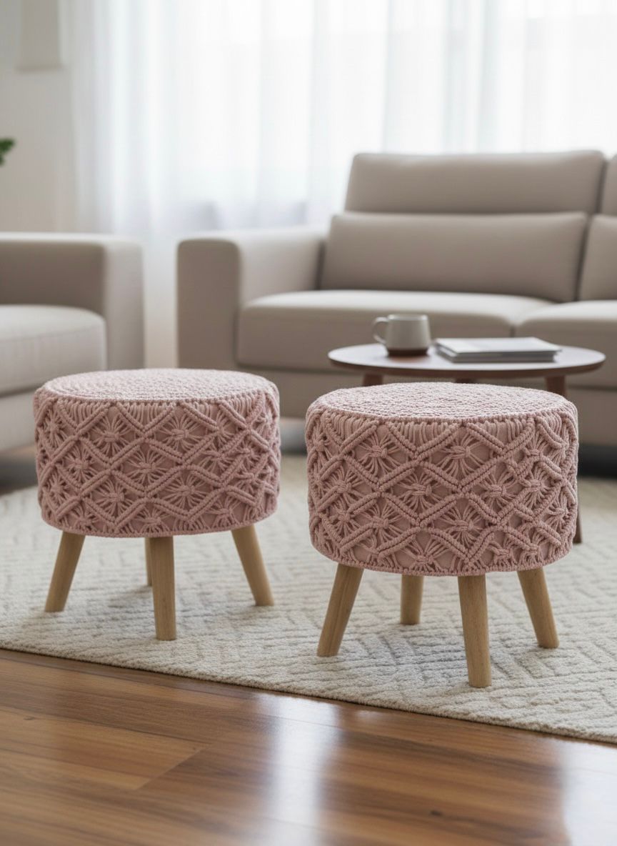 Baby Pink Macrame Ottoman Pair
