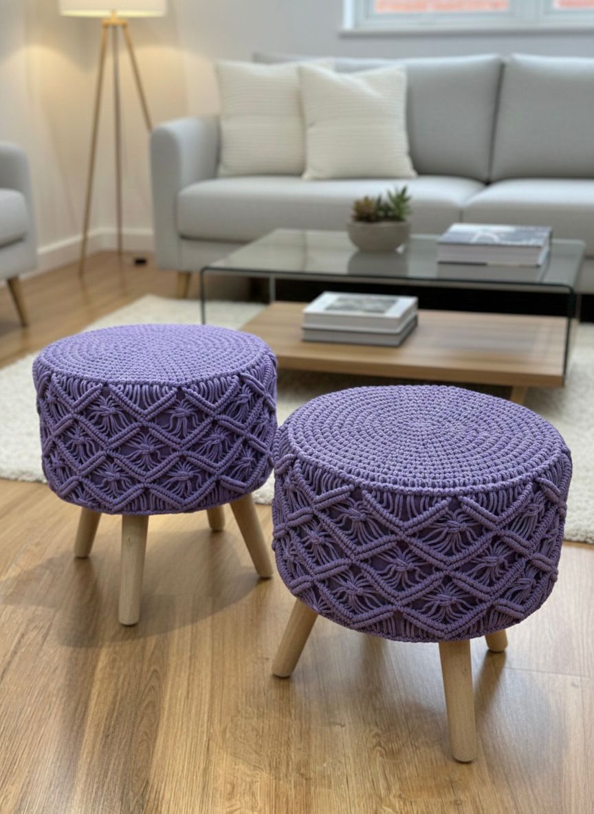 Lavender Macrame Ottoman Pair