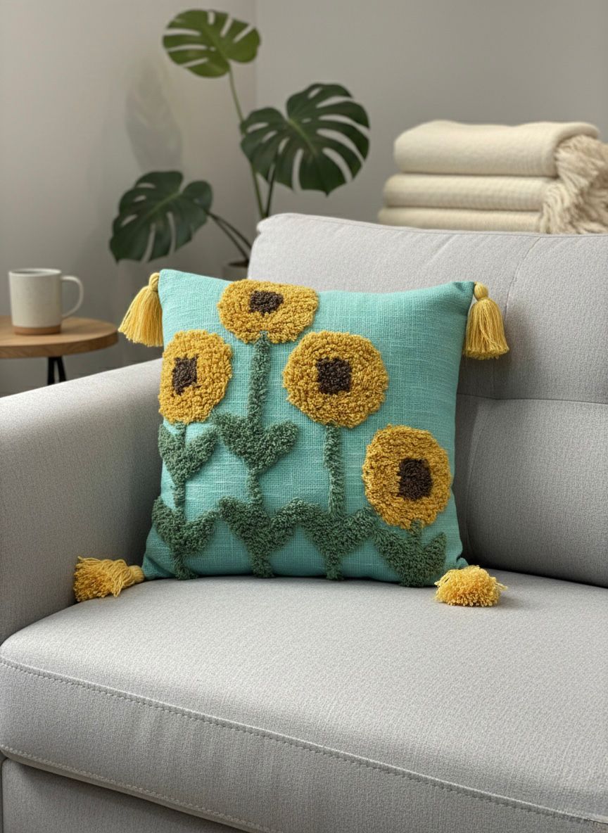 Teal Green Sunflower Tufted Cover 16*16 inch