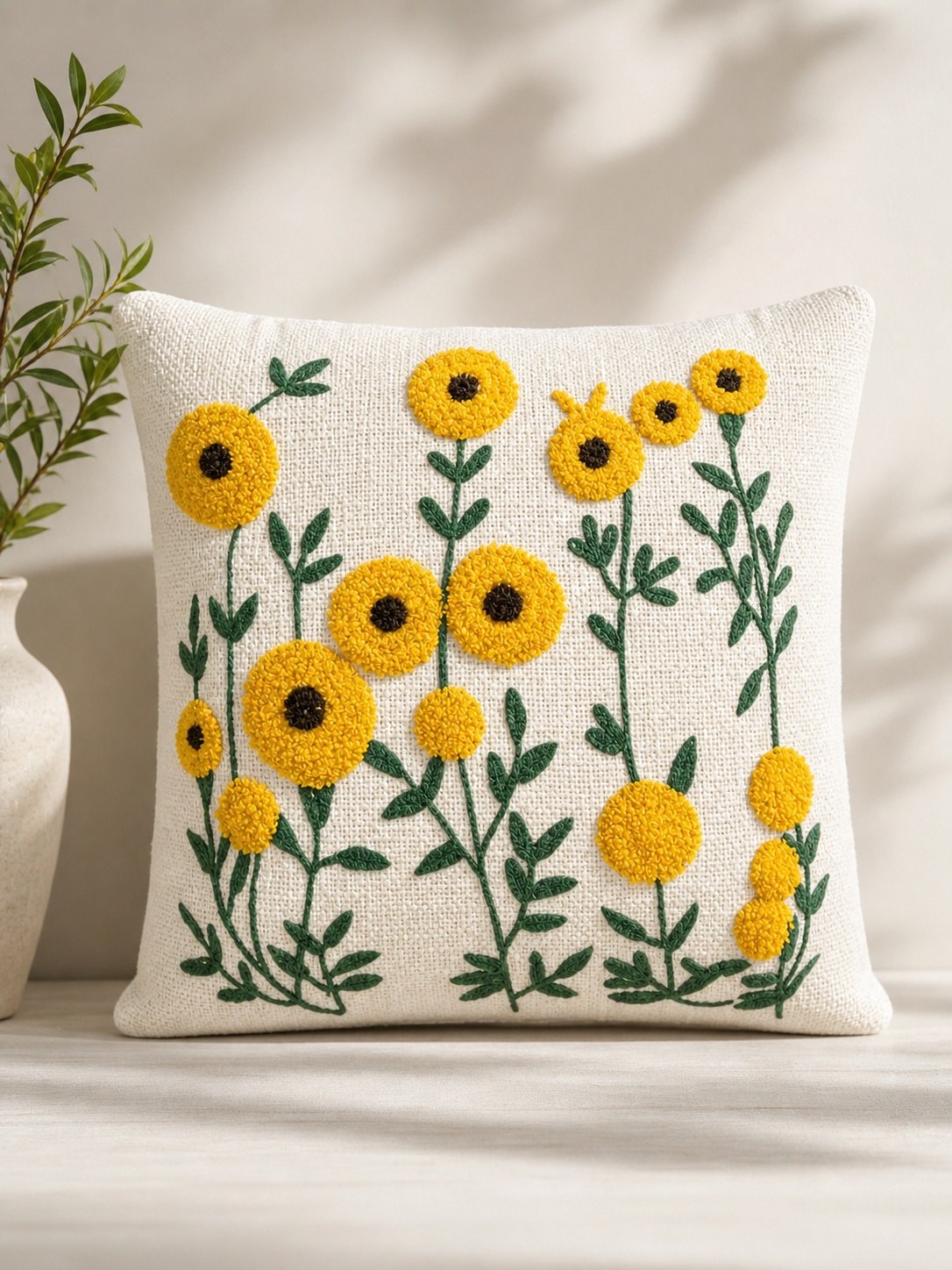 Floral Sunflower Embroided 16*16 inch Cushion Cover