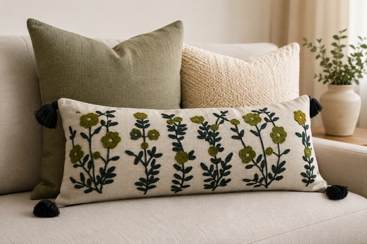 Embroided Green Flowers 14*36 inch Lumbar Cushion with Cover