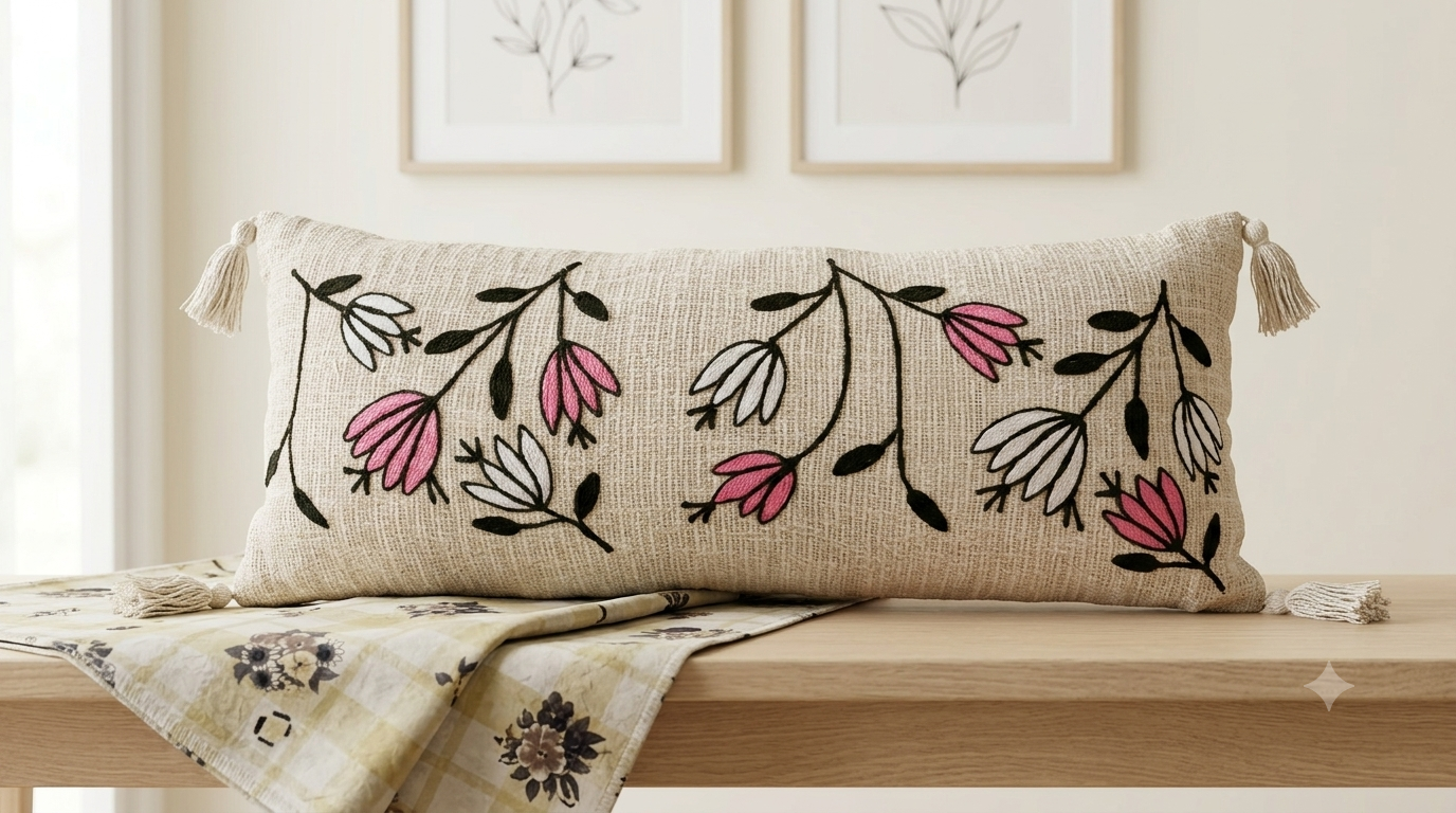 Embroided Pink White Flower 14*36 inch Lumbar Cushion with Cover