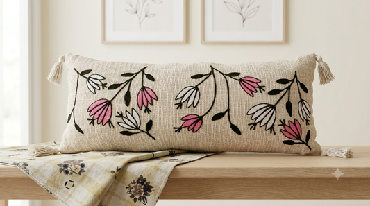 Embroided Pink White Flower 14*36 inch Lumbar Cushion with Cover