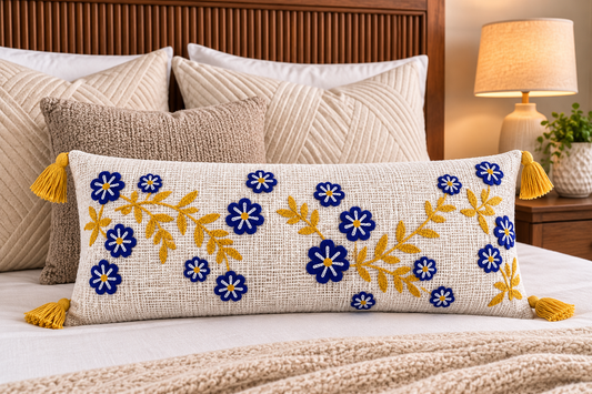Embroided Blue Flower 14*36 inch Lumbar Cushion with Cover