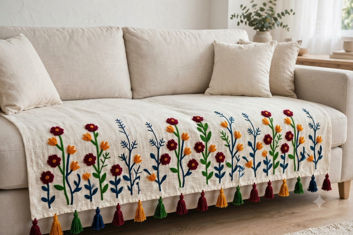36 inch Boho Embroidered Floral Sofa Cover with Tassels