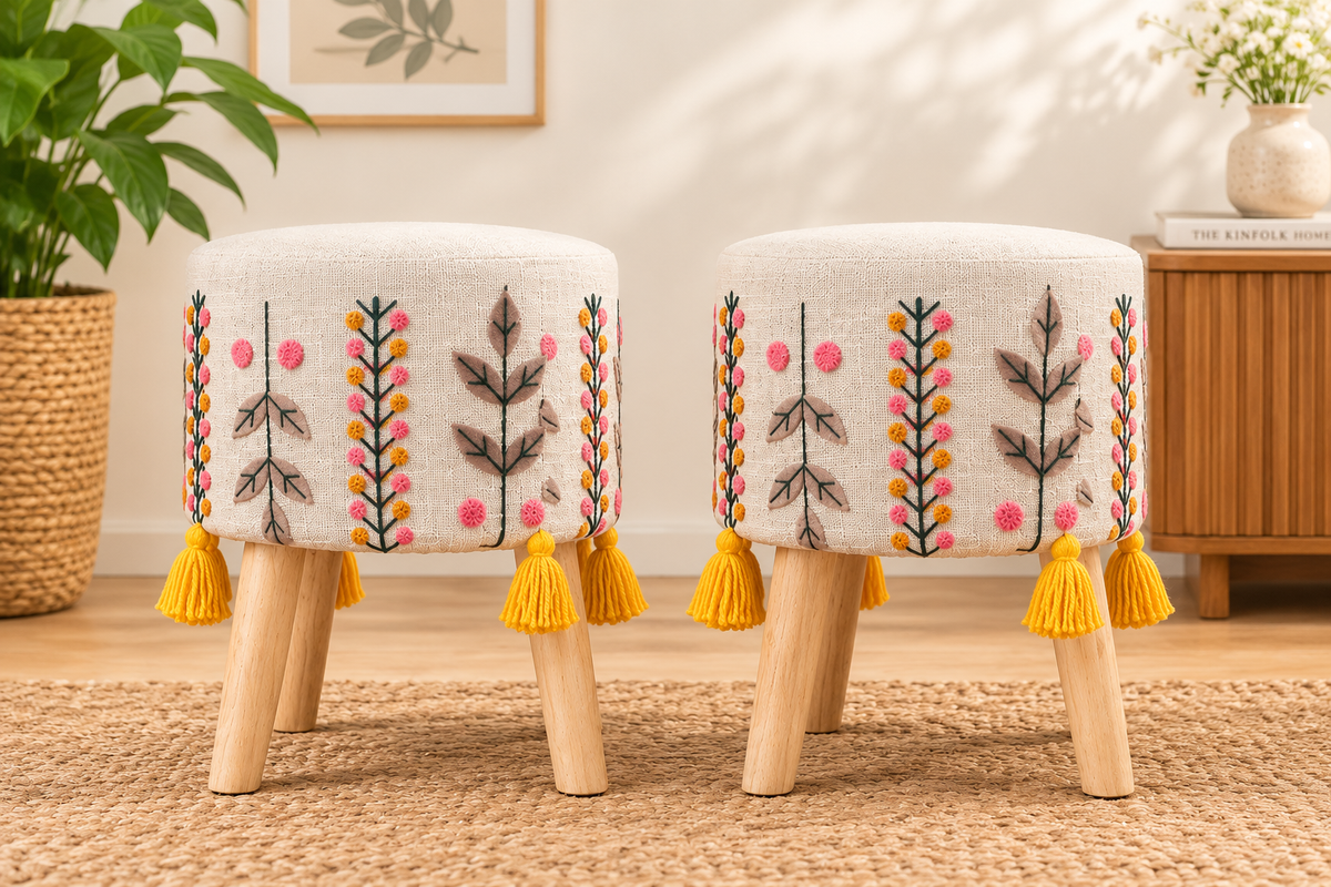 Multicolor Botanical Embroidered Wooden Leg Stools with Yellow Tassels – Set of 2