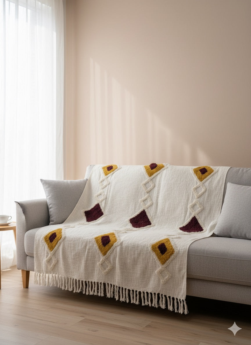 Mustard Maroon Diamond Sofa Throw
