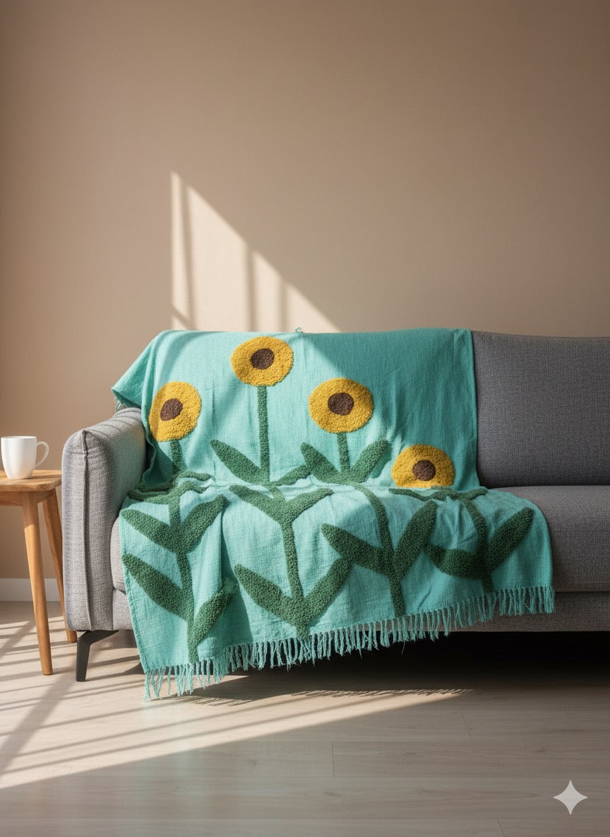 Teel Green Sunflower Sofa Throw