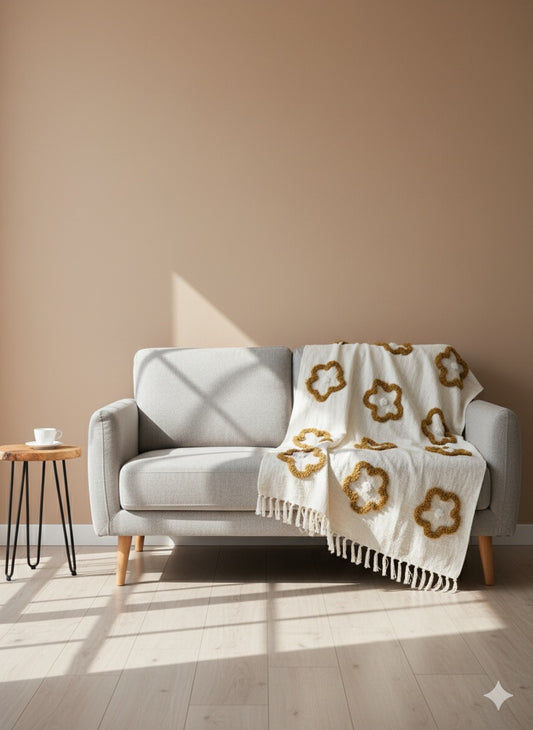Beige Flower Sofa Throw