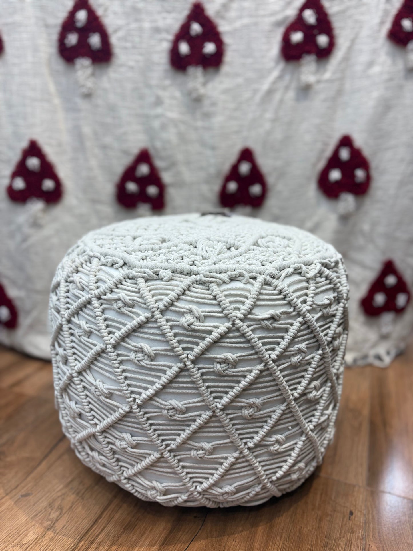 Cylindrical White Macrame Pouff