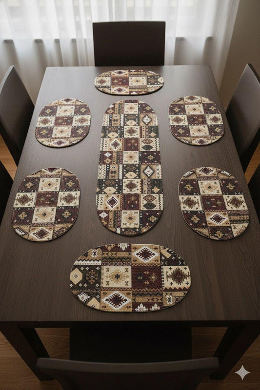Brown Dining Table Mat Set (6 Placemats + 1 Runner)