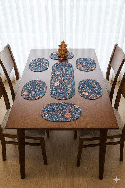 Royal Blooms Dining Table Mat Set (6 Placemats + 1 Runner)