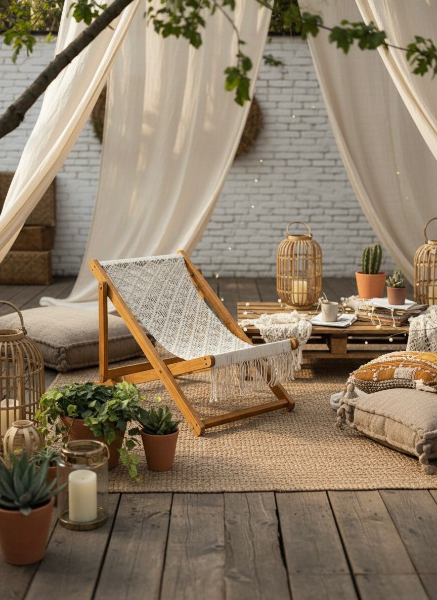 White Macrame Relax Chair with Wooden Frame