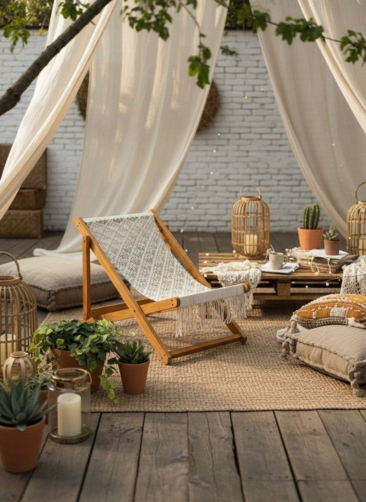 White Macrame Relax Chair with Wooden Frame